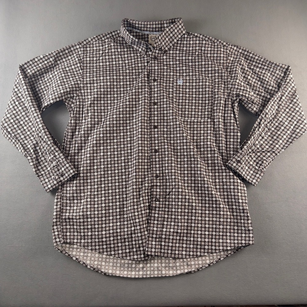 Cinch Mens XL Long Sleeve Button Down Shirt Brown Blue Geometric MTW1106002